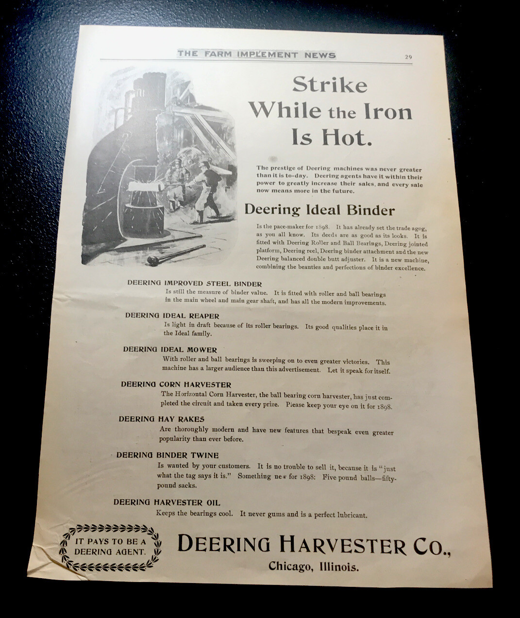 ORIGINAL 1897 Deering Harvester Farm Binder Advertising – Chicago – 10” X 14”