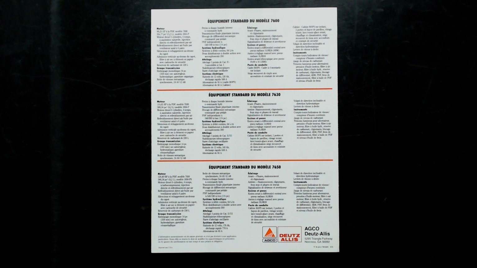 AGCO Deutz-Allis Tracteurs Brochure Série 7600 Vintage Farming