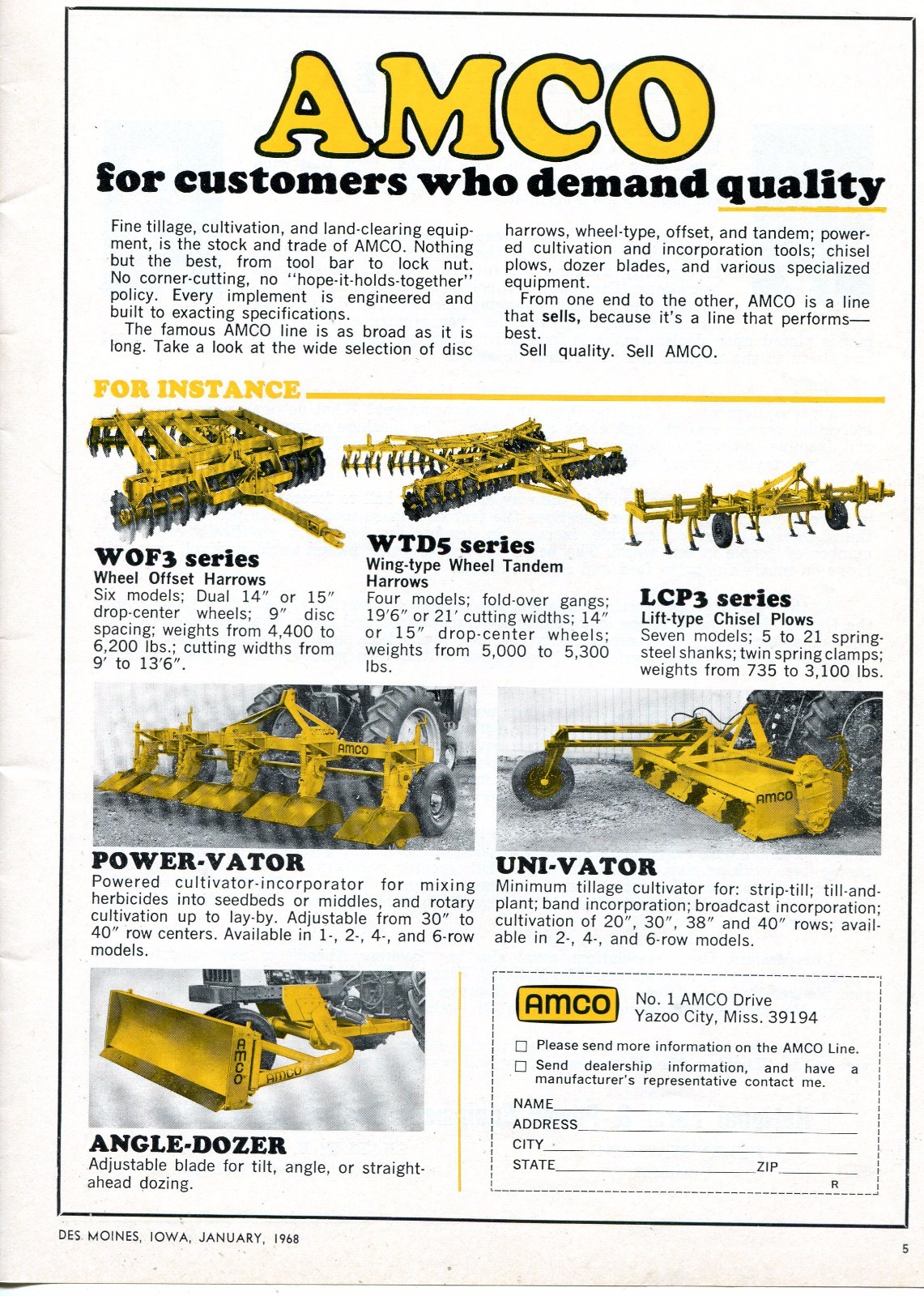 1968 Dealer Print Ad of AMCO WOF3 WTD5 Harrow LCP3 Plow Power & Uni-Vator Dozer