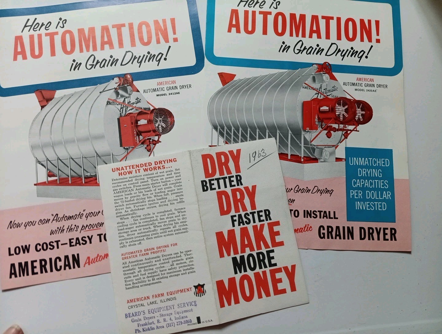 3 American Farm Equipment Co Sales Advertising Flyer Brochures 2412AE, 2420AE