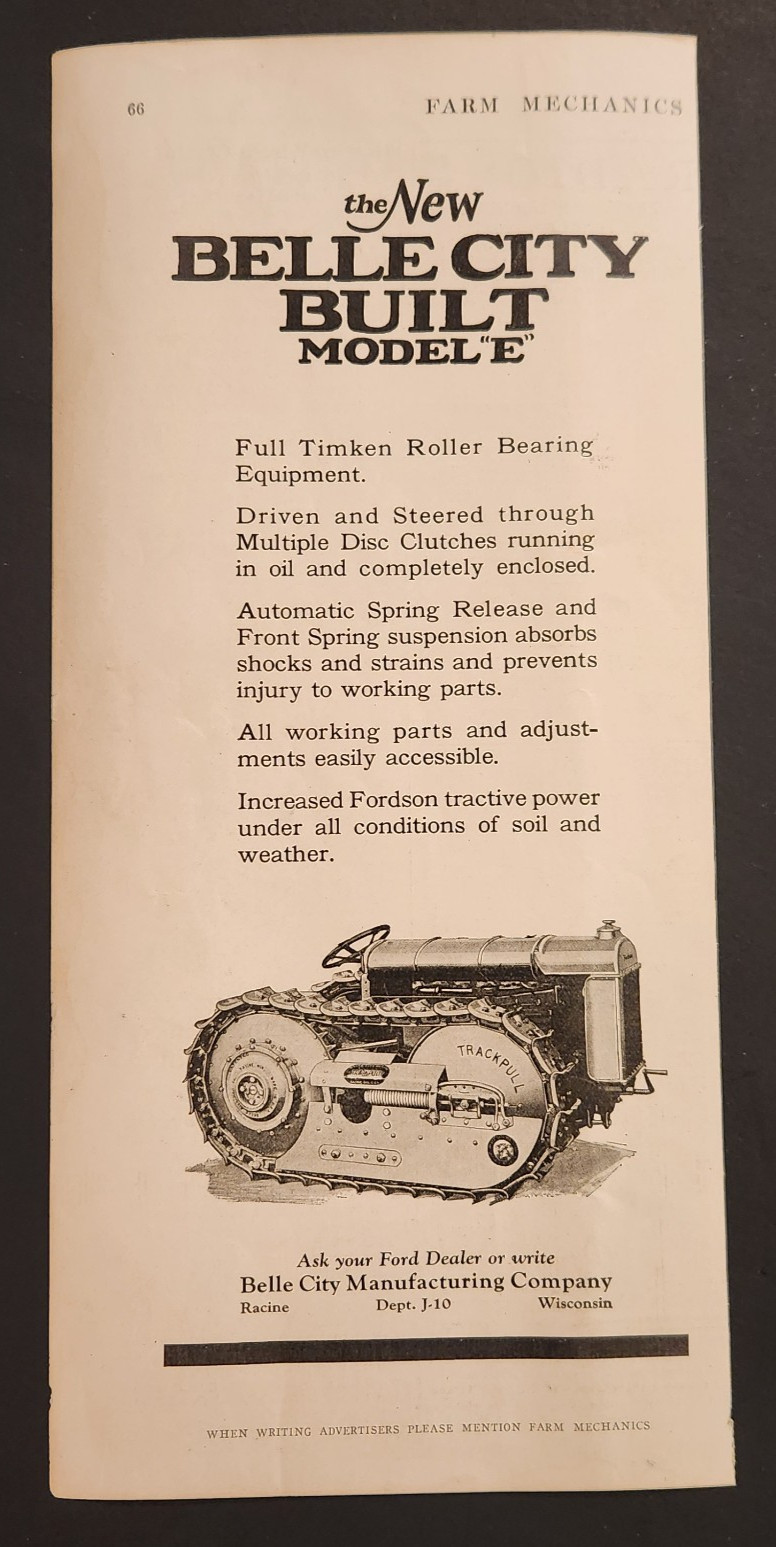 1926 Belle City Built Model « E » Tractor Bulldozer Fordson Original Print Ad