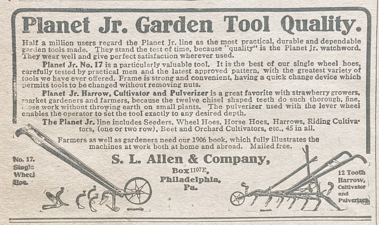 1906 AD(XH36)~S.L. ALLEN CO. PHIL., PA. PLANET JR. QUALITY GARDEN TOOLS