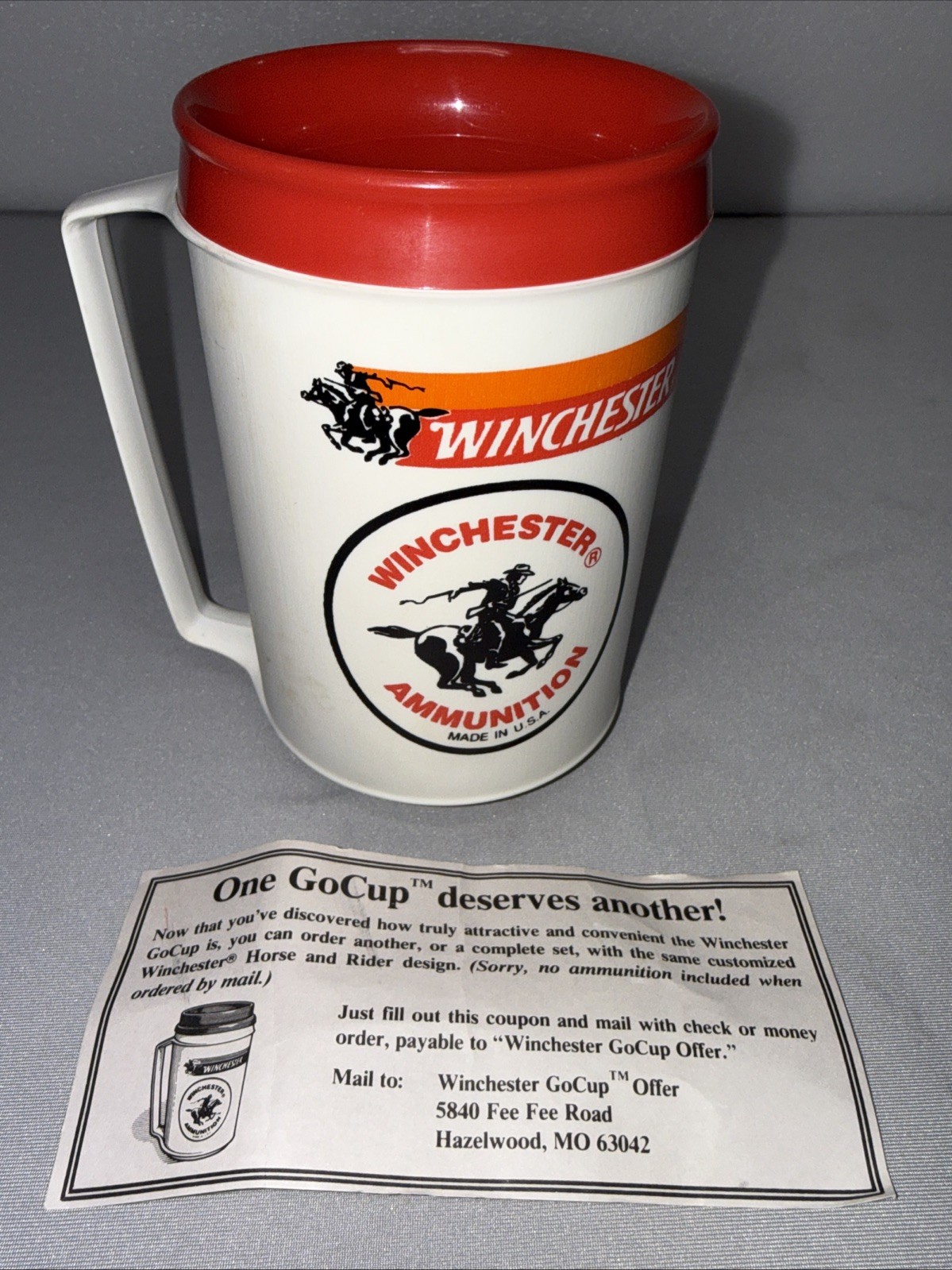 Vintage Aladdin Winchester Ammunition insulated travel mug No Lid + Old Coupon