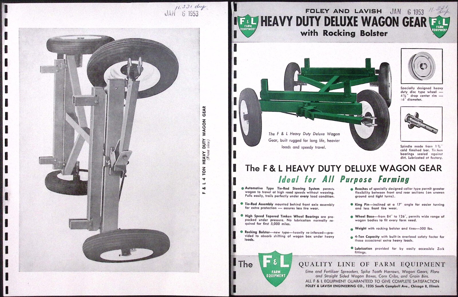 1953 Foley & Lavish Heavy Duty Deluxe Wagon Gear Brochure F&L Farm Equipment