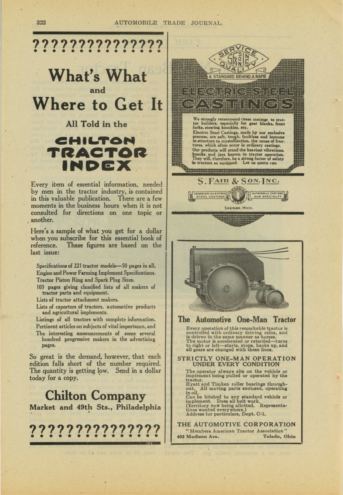 1920 Automotive Corporation Ad: One Man Tractor Pictured – Toledo, OhiO
