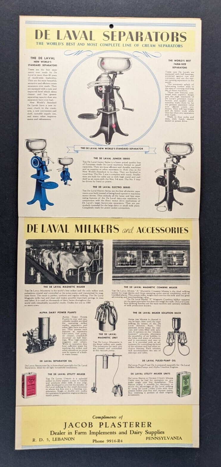 Vintage 1939 De Laval Cream Separators Graphic Calendar Lebanon PA