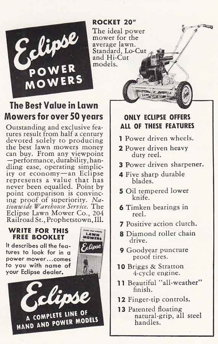 1950 Eclipse Power Mowers: Rocket 20 Vintage Print Ad