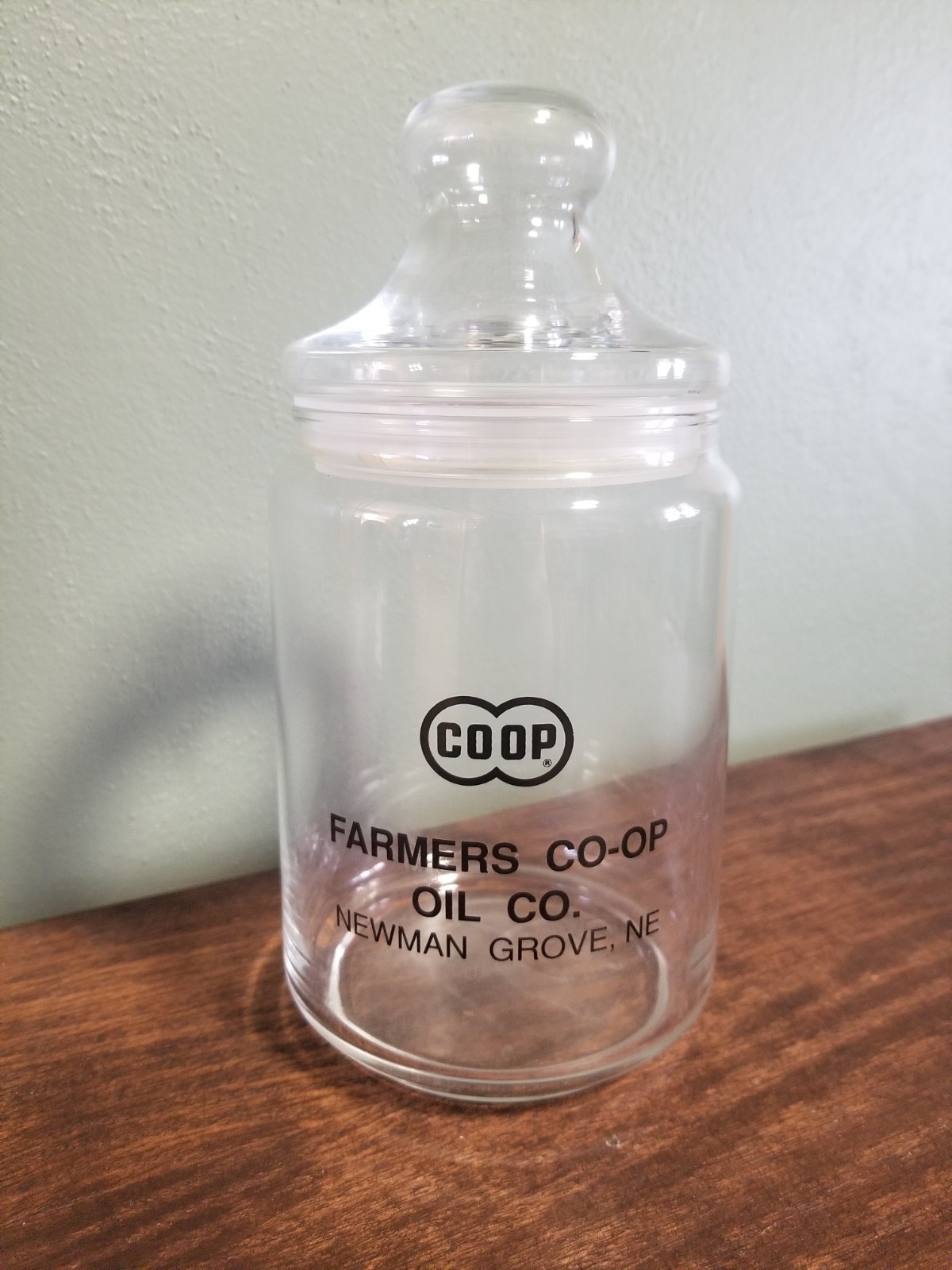 Apothecary Jar Vintage Advertising Glass with Lid Farmer&rsquo;s Co-op Oil Company