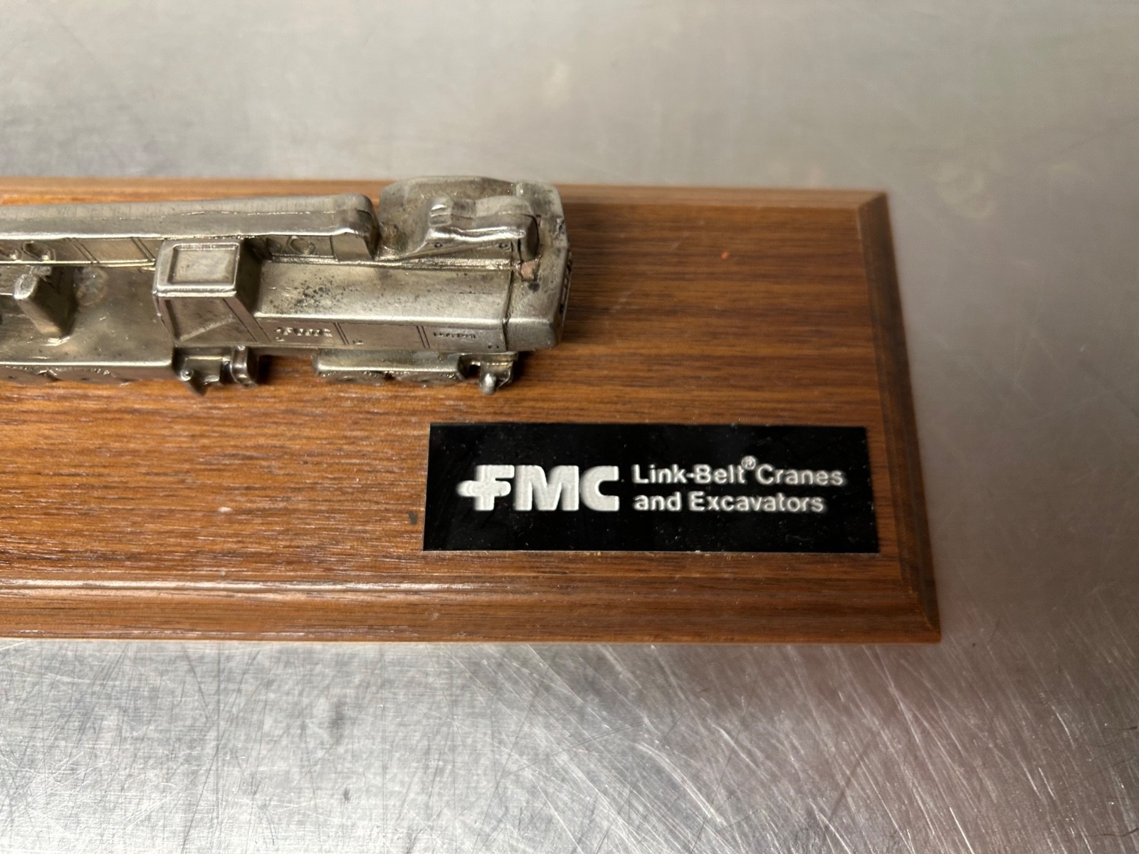 Vintage FMC Link Belt Cranes & Excavators Desk Plaque Pewter & Wood