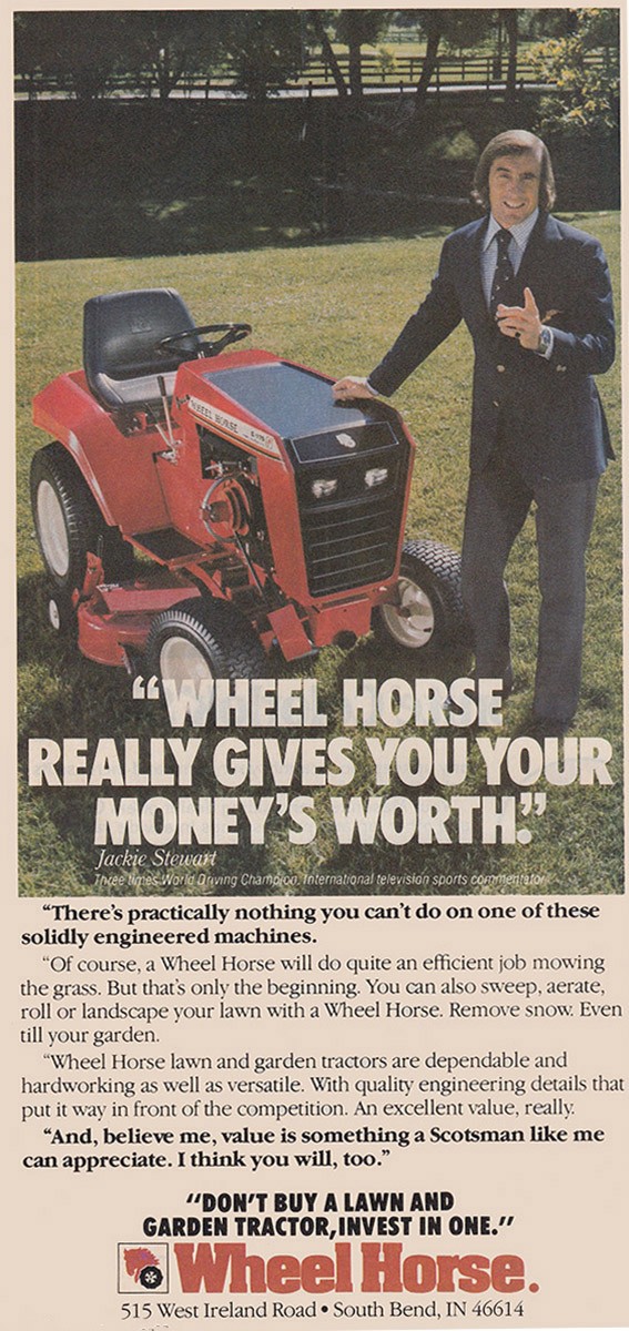 1981 Wheel Horse: Jackie Stewart, Gives You Your Moneys Worth Vintage Print Ad