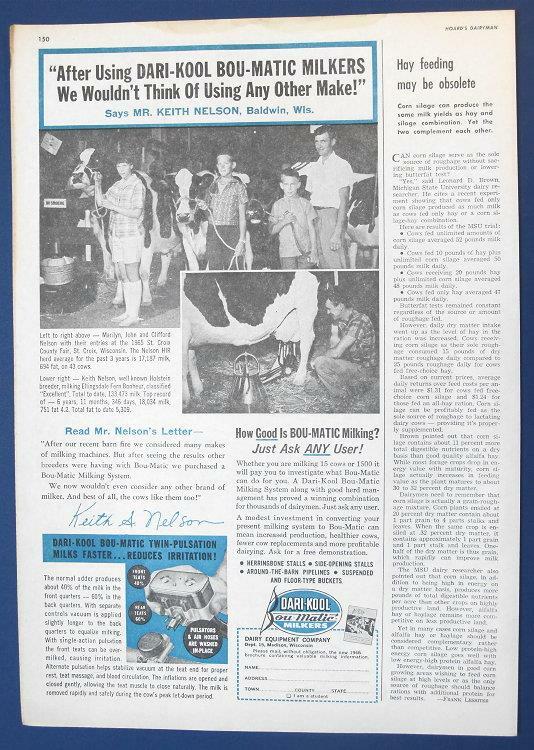 Original 1966 Dairy Equipment Ad Photo Endorsed Keith Nelson, Baldwin Wisconsin