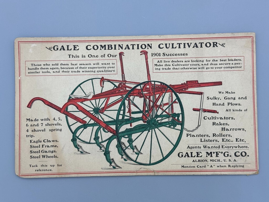 1901 GALE Cultivator FARM Advertising ALBION Michigan Cardboard Postcard or Sign