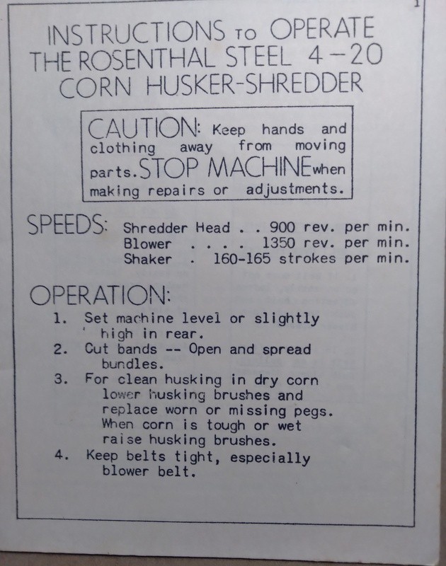 Repair Parts List Instructions Operate Rosenthal Steel 4-20 Corn Husker Shredder