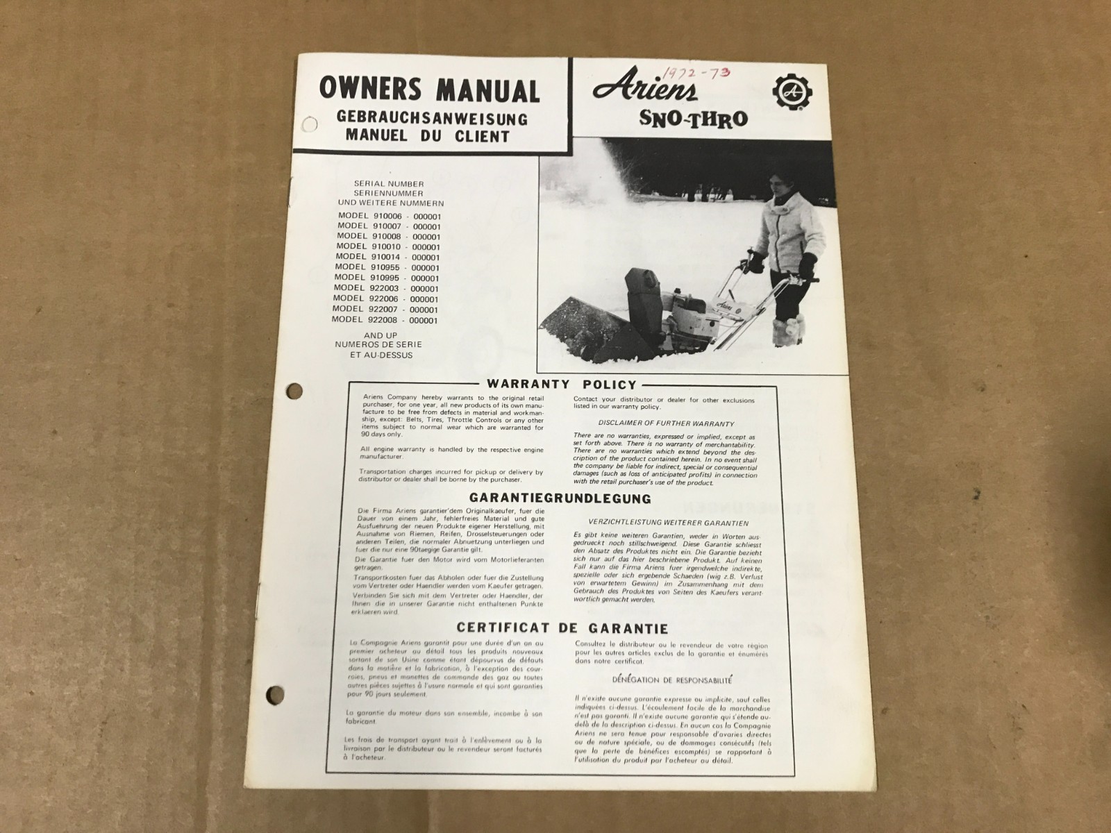 Vintage Ariens Sno-Thro Owner&rsquo;s Manual Booklet – Form STOI-72
