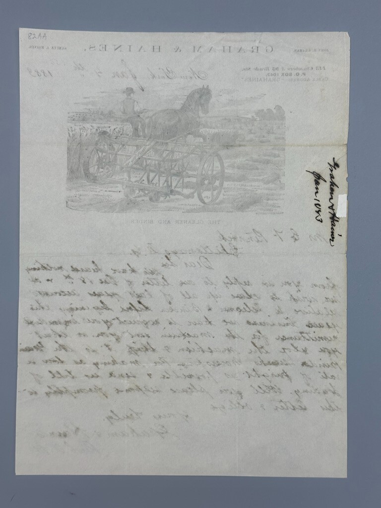 1883 GRAHAM & HAINES Gleaner Binder FARM Advertising Illustrated Letter Antique