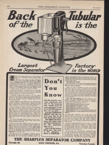 1908 SHARPLES CREAM TUBULAR SEPARATOR EQUIP DAIRY FARM WEST CHESTER AD 10437