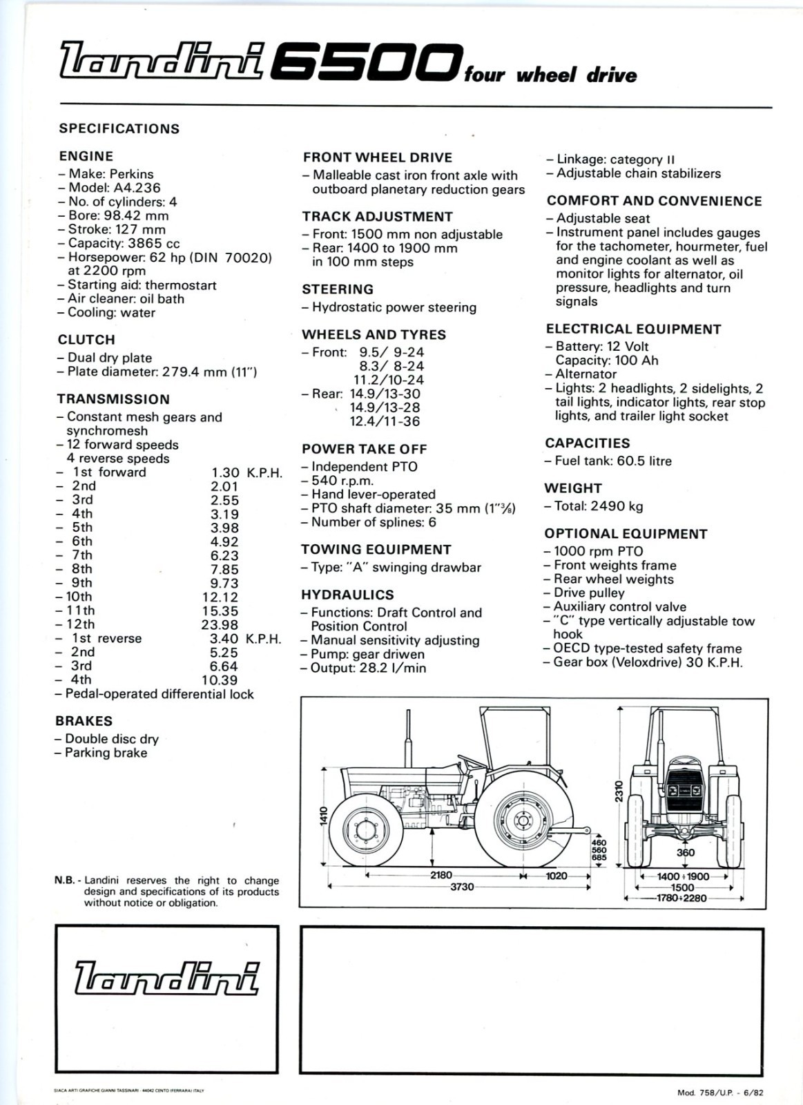 Landini 6500 4 Wheel Drive Tractor 1982 2 page sales brochure w/specs