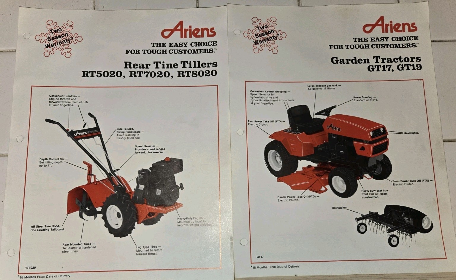 8 VINTAGE ARIENS DEALERSHIP ADVERTISING BROCHURES TILLERS TRACTORS RIDERS PUSH