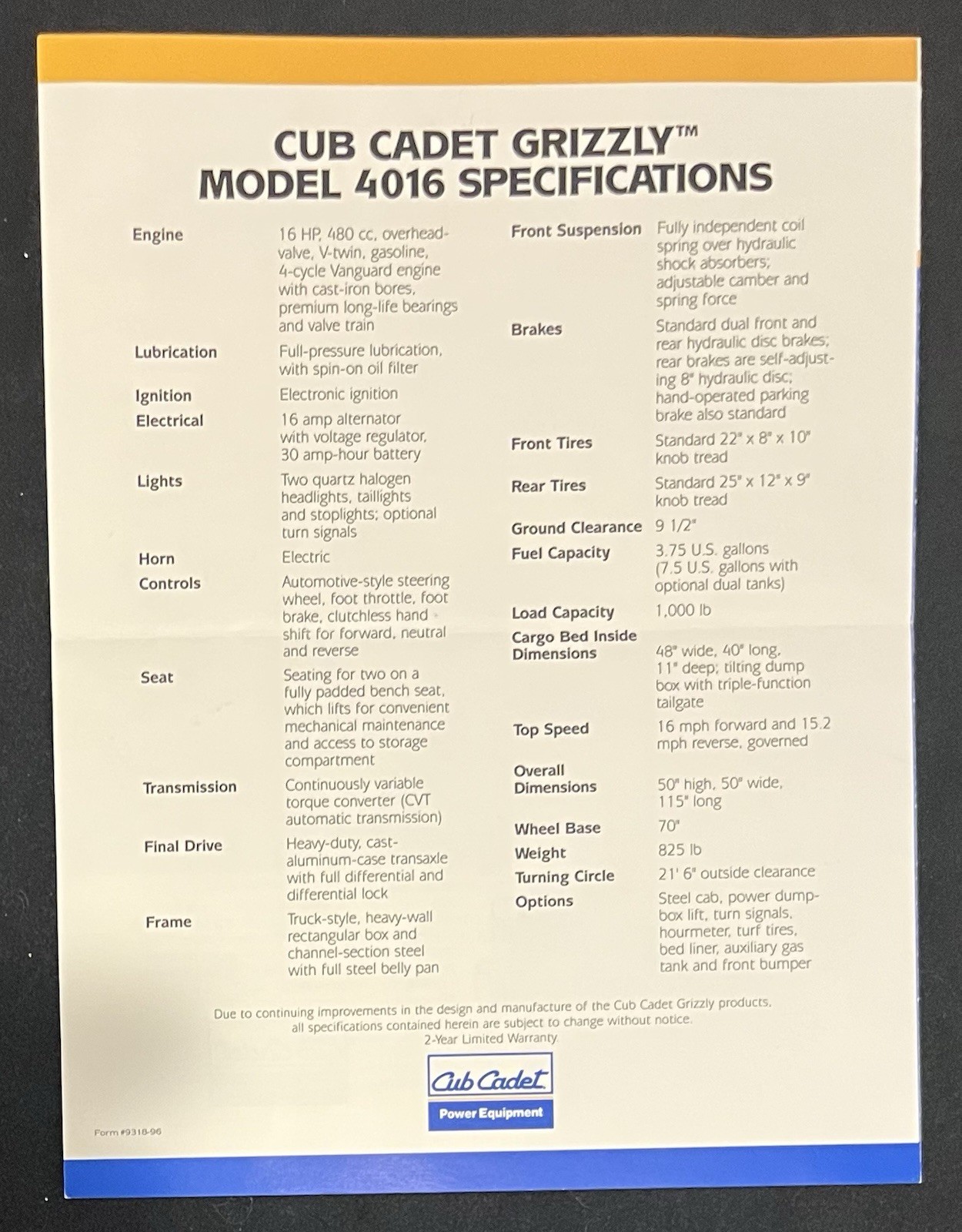 Cub Cadet Grizzly Brochure – Model 4016 Specs VTG 1990s Sales Catalog