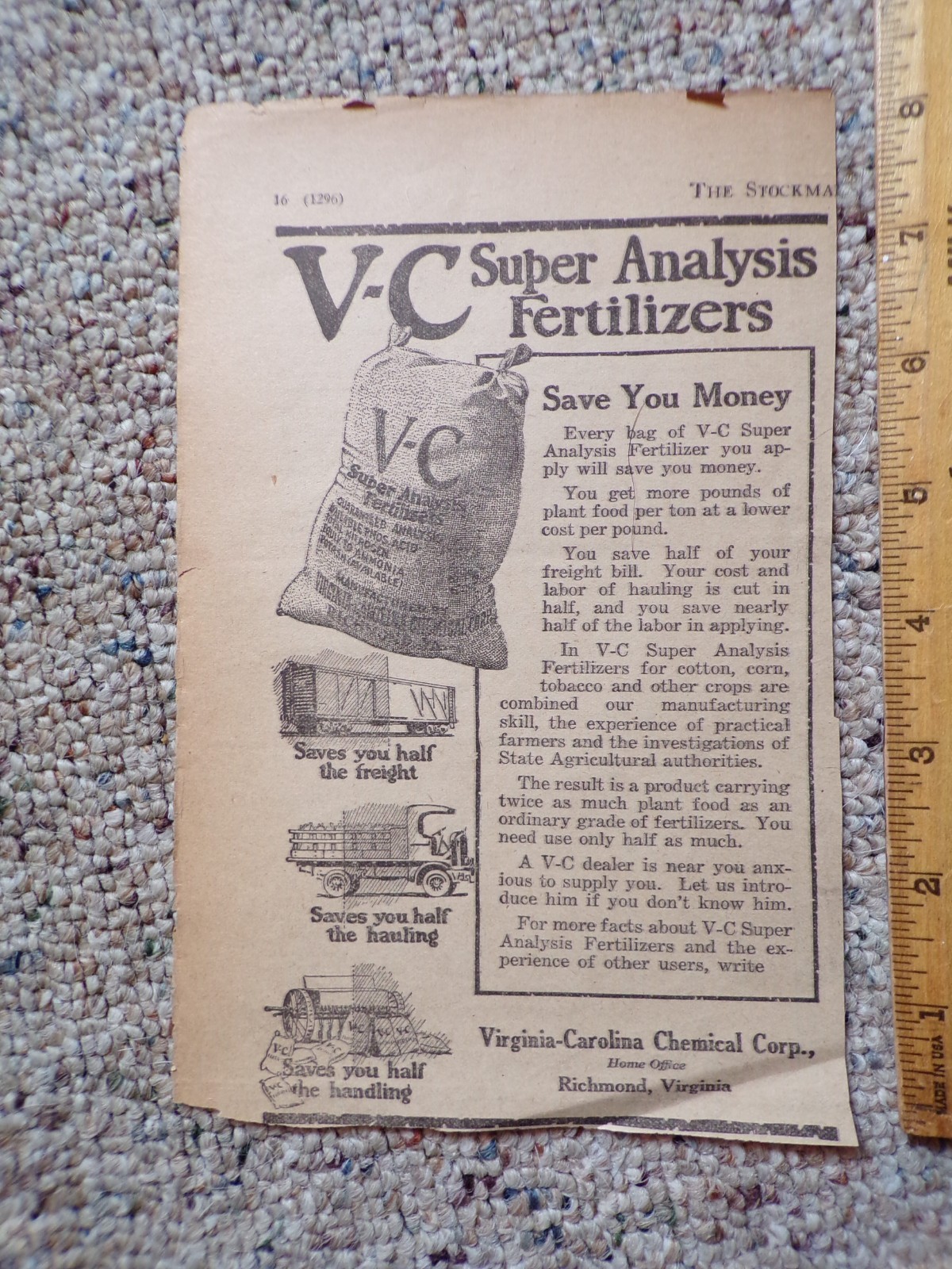 1927 Virginia Carolina Chemical Corp Richmond V-C Fertilizer Vintg Ad Farm Crops