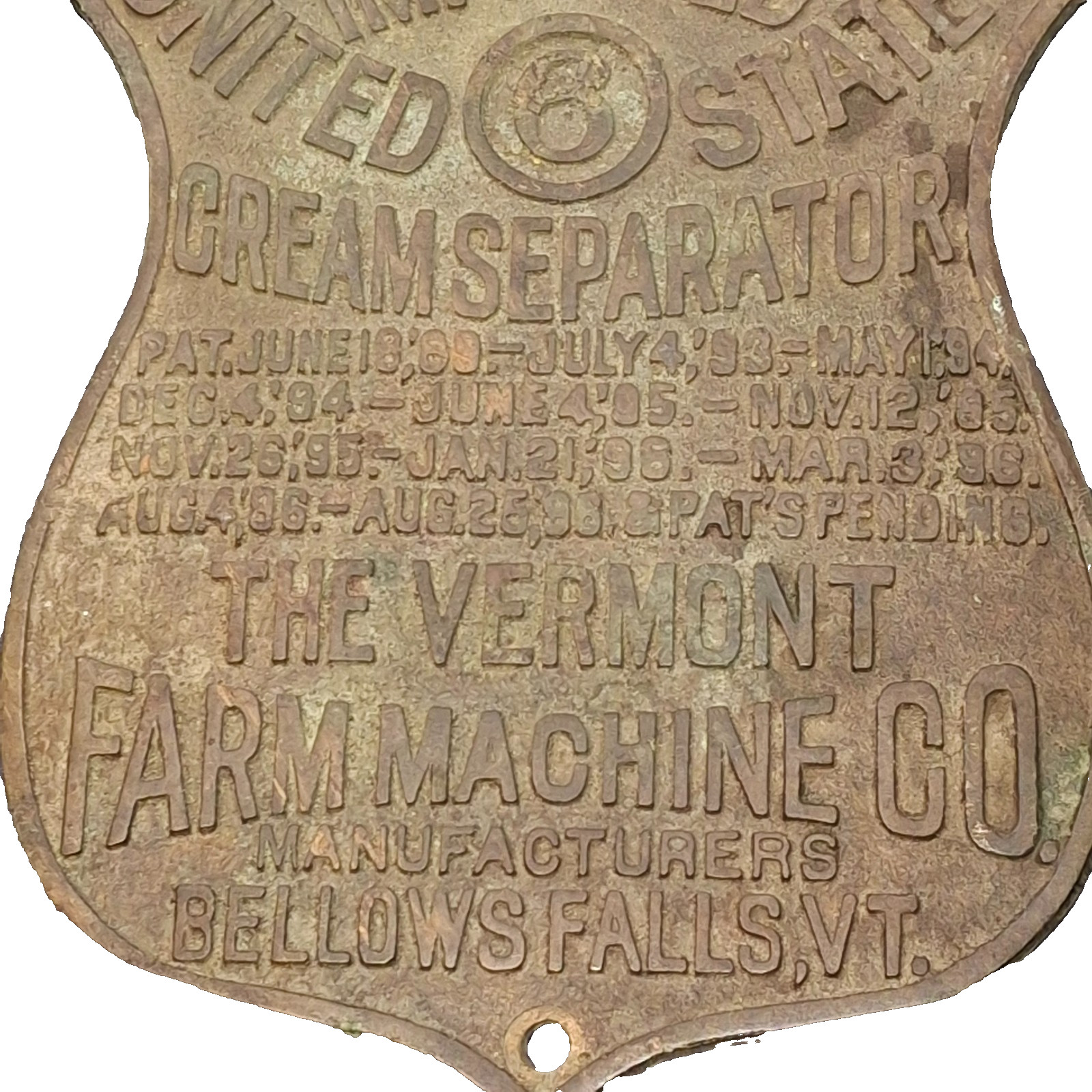 Late 1800s Vermont Farm Machine Dairy Cream Separator Brass Plate Tag Sign Badge