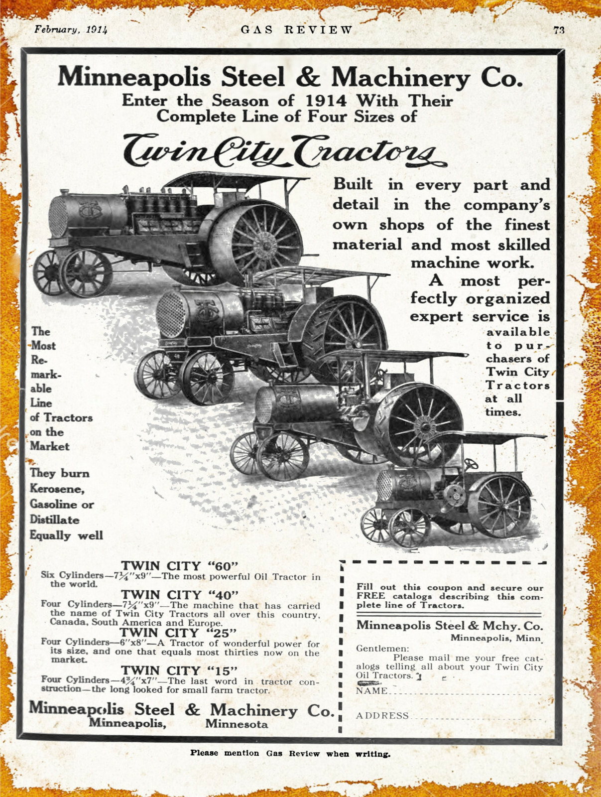 1914 Minneapolis Steel & Machinery Co. Metal Sign: Twin City Tractors Model Line