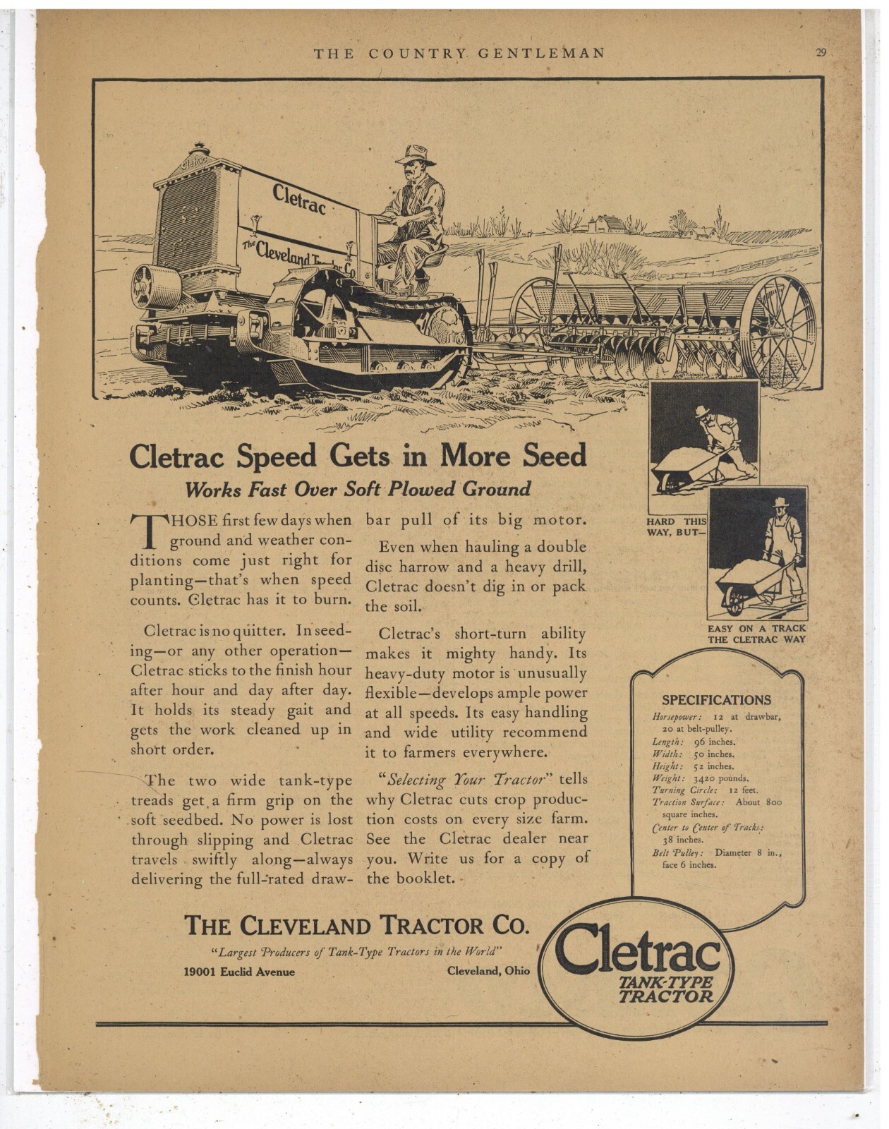 1921 Cleveland Tractor Co. Ad: CLETRAC Tank Type Tractor – OhiO