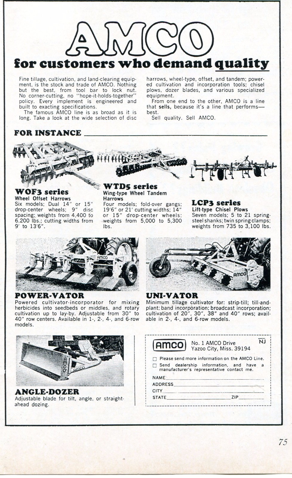 1968 small Dealer Print Ad of Amco Power & Uni-Vator WOF3 WTD5 Harrow LCP3 Plow