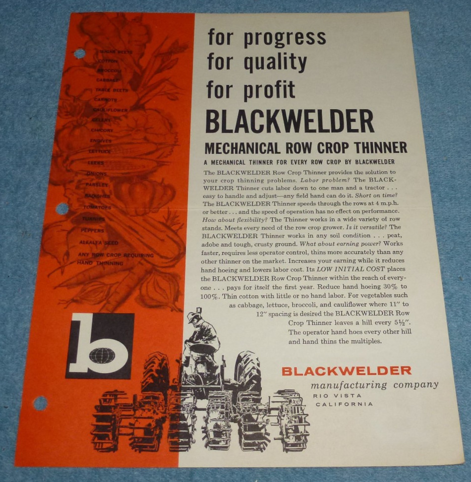 Vintage Circa 1961 Blackwelder Mfg Co Row Crop Thinner Farm Equipment Brochure
