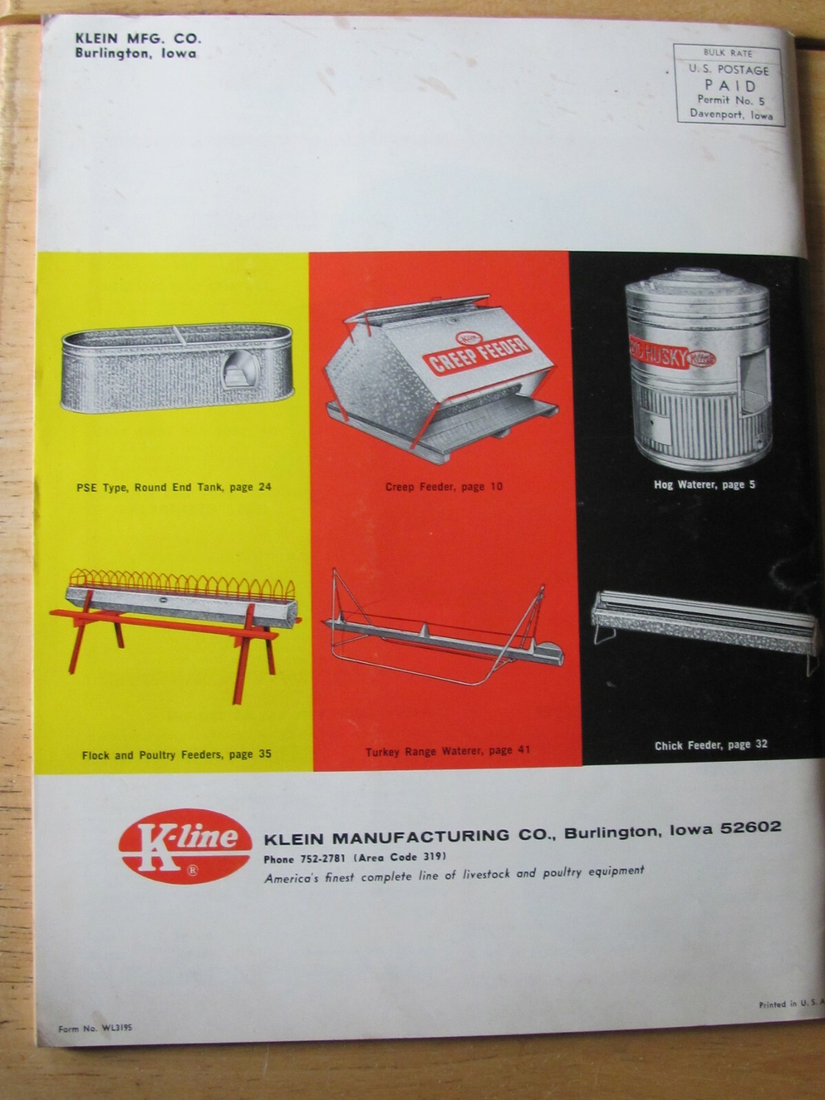 1965 SALES CATALOG BIG HUSKY CATTLE CHICKEN FARM EQUIPMENT KLEIN MFG BURLINGTON