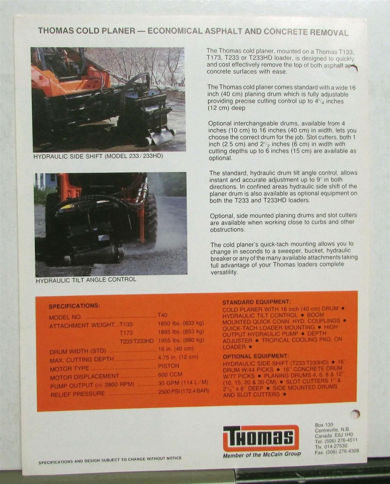 1987 Thomas Cold Planer Specifications Construction Sales Data Sheet