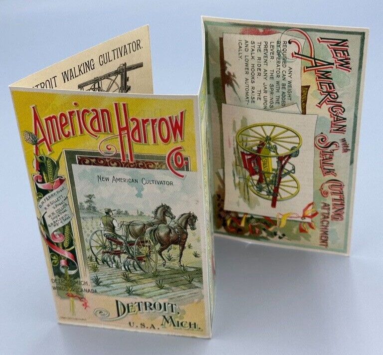 1880s AMERICAN HARROW Victorian FARM Advertising Folding Trade Card DETROIT
