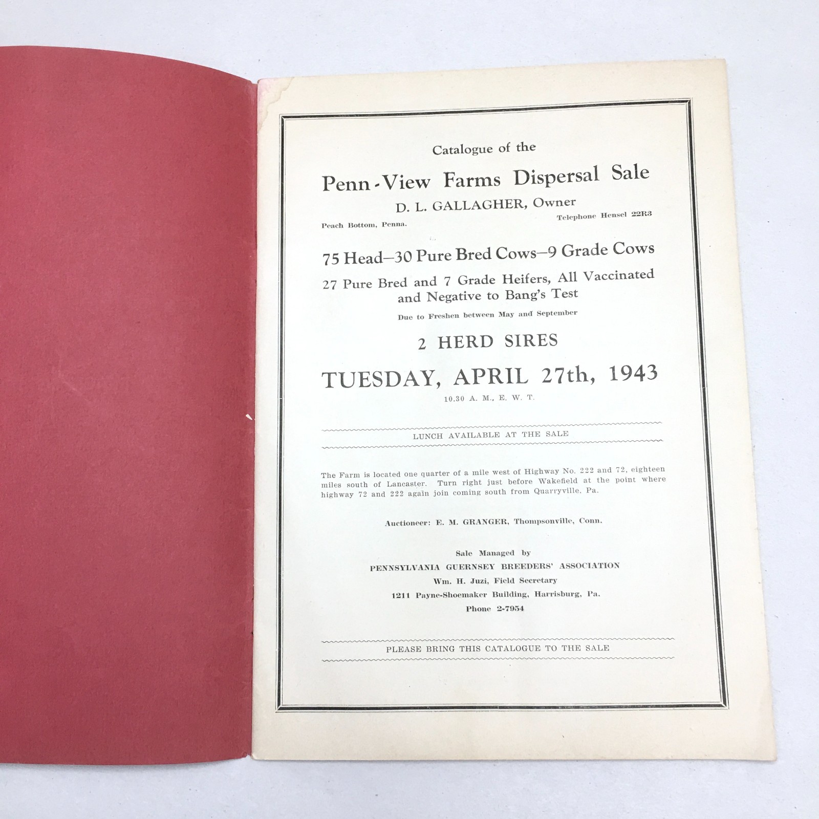 Vintage 1943 Livestock Dispersal Sale Catalog Penn View Farms Peach Bottom PA