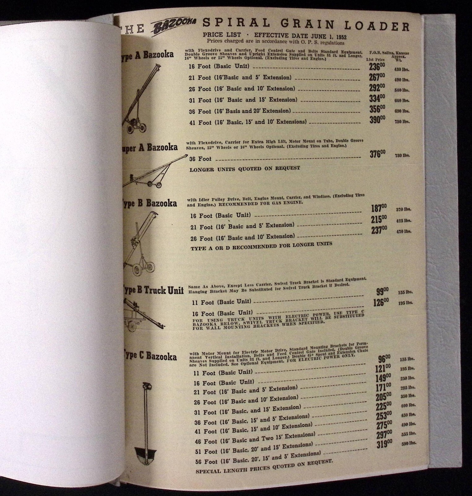 1952 Bazooka Spiral Grain Loader Brochure Folder Wyatt Mfg Co Salina KS