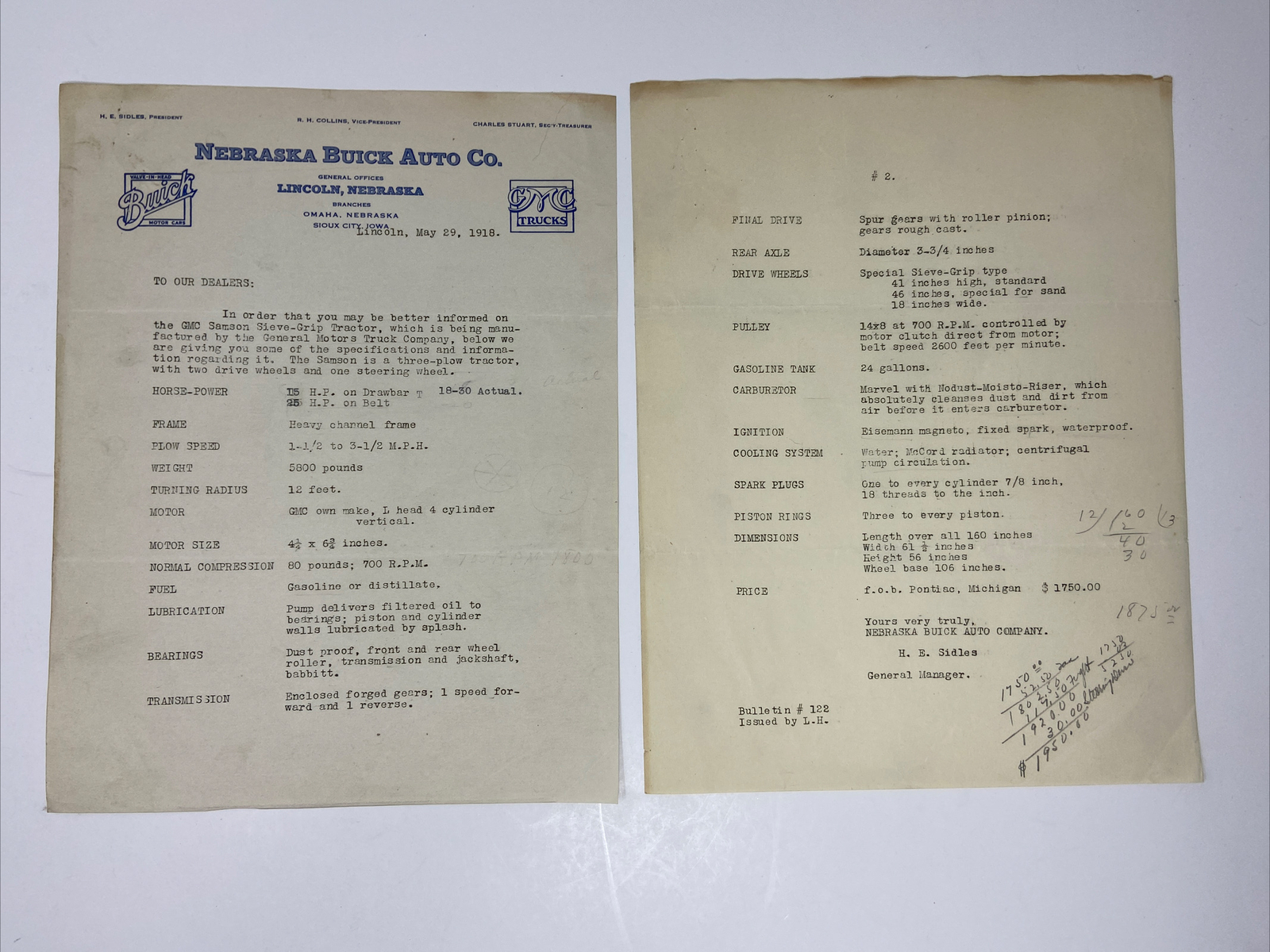 1918 Nebraska Buick Auto Co. Letterhead Tractor Correspondence Farming 2 Pages
