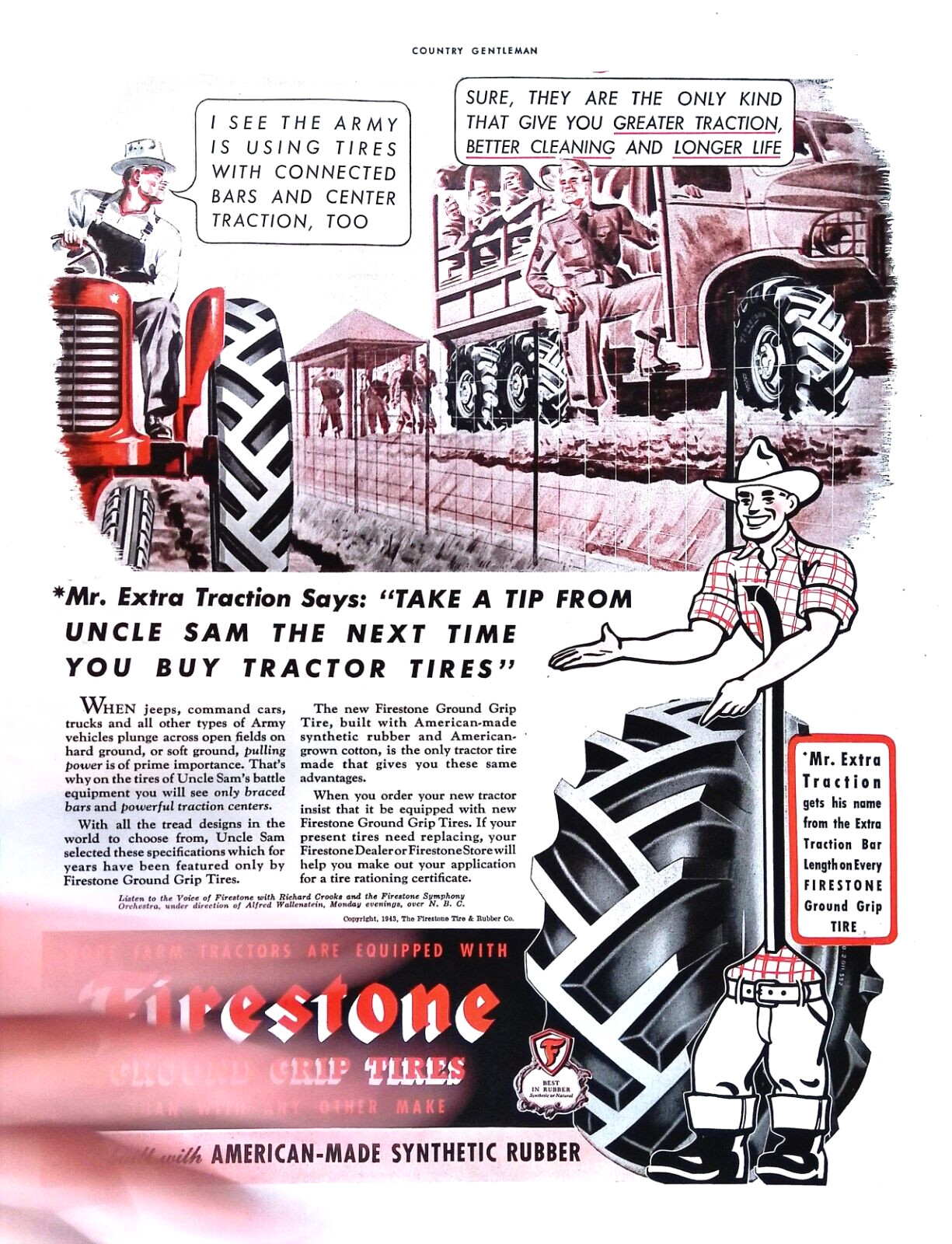 Firestone Tractor Tires 1943 Print Ad Tires for Your Farm Vehicles 10.5×13.5