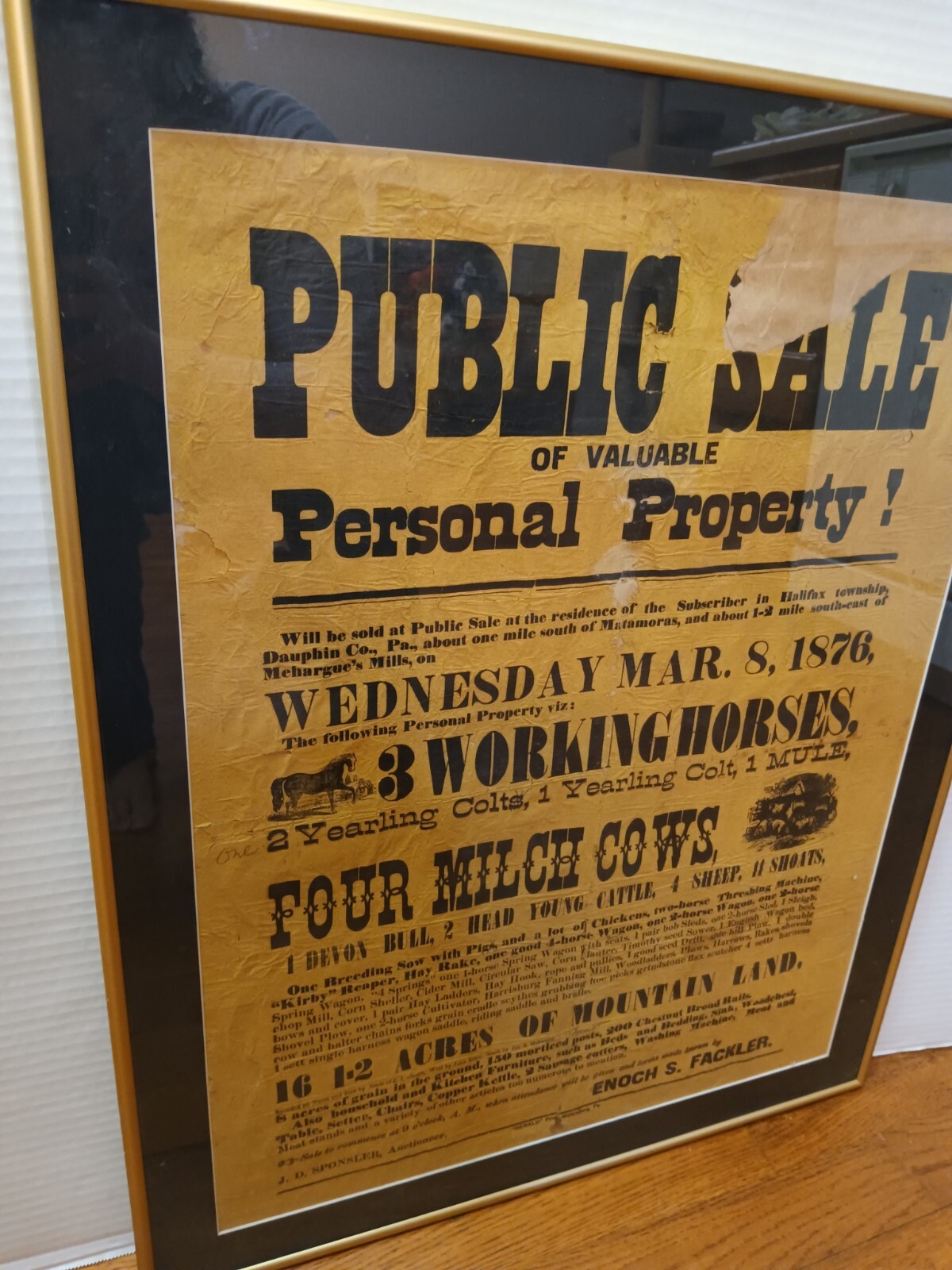 1876 Public Farm Sale Framed Auction Notice, Halifax Township, Pennsylvania