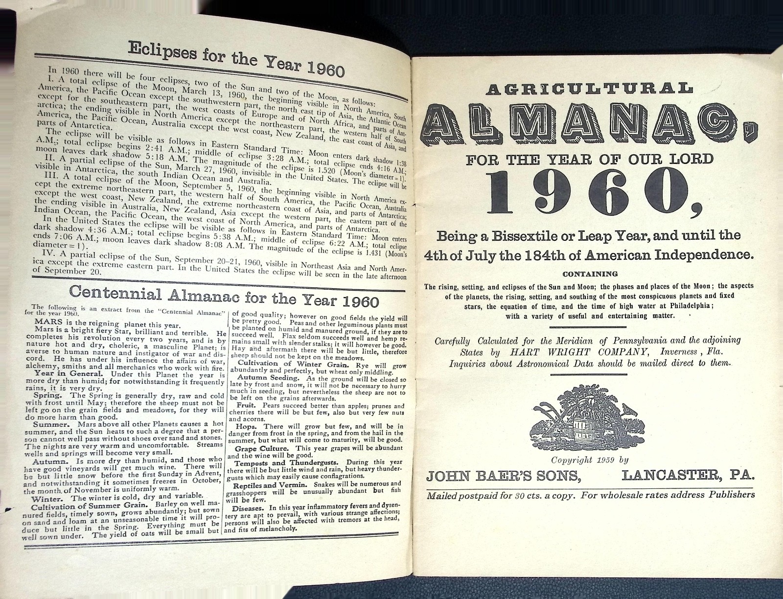 1960 John Baer’s Sons Agricultural Almanac Lancaster Pennsylvania 135th Volume