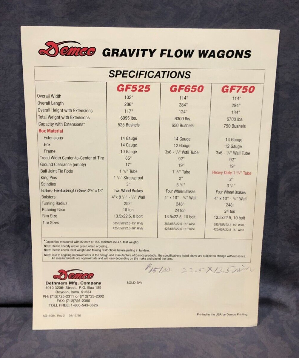 Demco Gravity Flow Wagons GF525, GF650 & GF750 Sales Brochure