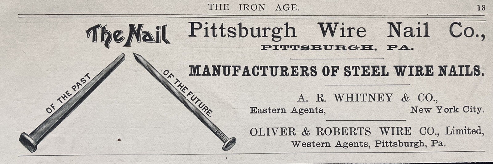 1888 AD.(XH7)~PITTSBURGH WIRE NAIL CO. PITTS., PA. STEEL WIRE NAILS MFG. CO.
