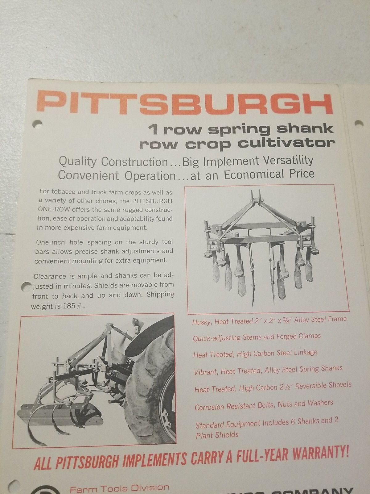 1970 PITTSBURGH FORGINGS CO. 1 ROW SPRING SHANK CULTIVATOR BROCHURE &PRICE LIST