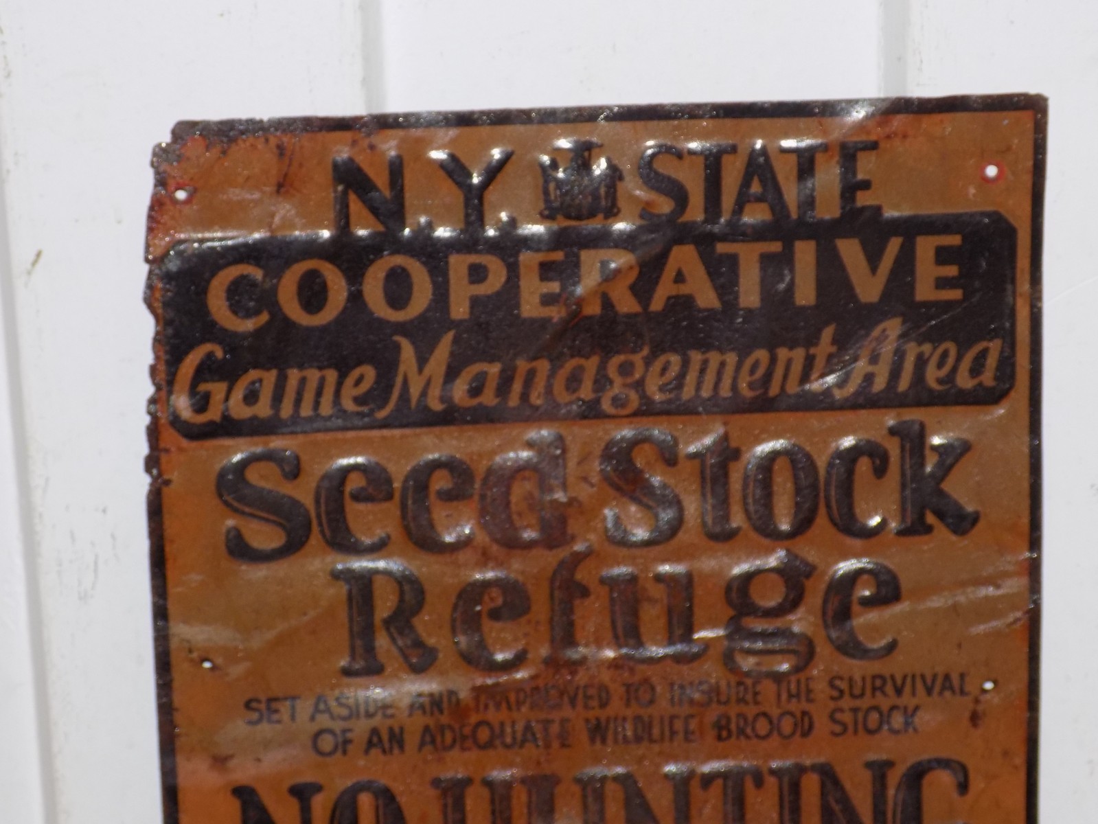Vintage NY State Game Management Area Seed Stock Embossed Metal Sign