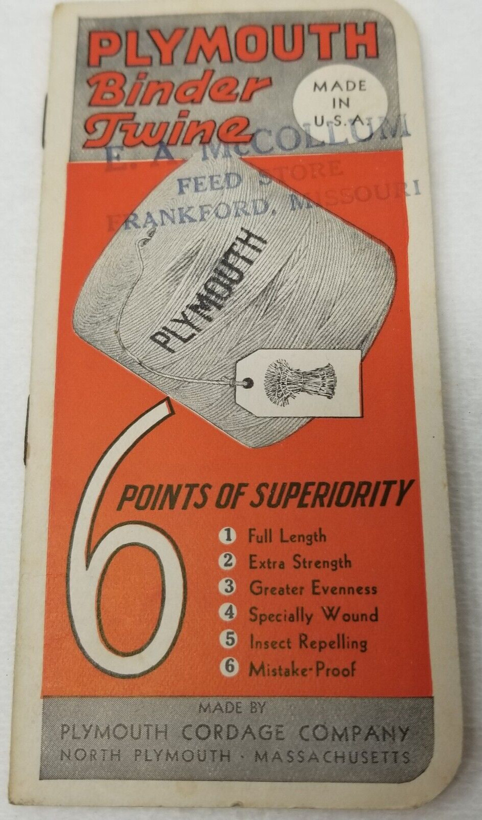 Plymouth Binder Twine Pocket Notebook 1938 Plymouth Cordage Co No. Plymouth Mass