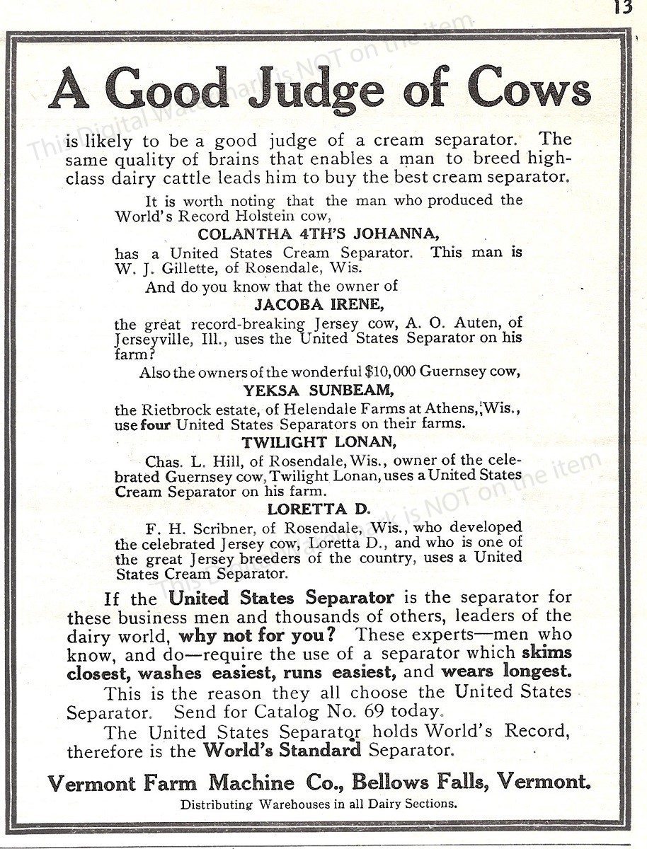 1911 United States Cream Separator Ad * Vermont Farm Machine Co Bellows Falls VT