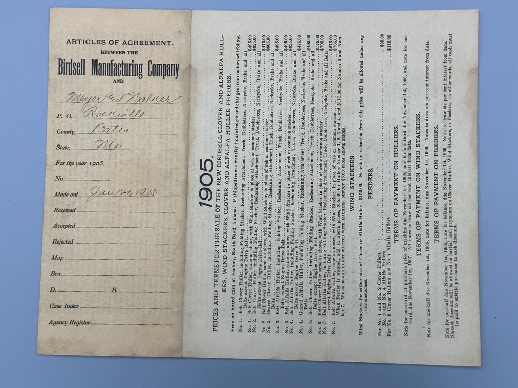 1905 BIRDSELL Clover Huller CONTRACT Letter FARM Advertising SOUTH BEND Indiana