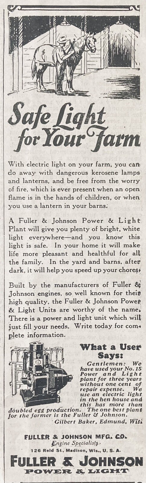 1926 AD.(XH5)~FULLER & JOHNSON MFG. CO. MADISON, WIS. F-J POWER AND LIGHT PLANT