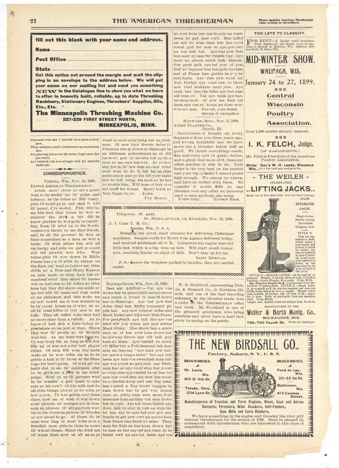 1899 2 Ads F&B of Page: Geiser Peerless Traction Engine, Thresher. + Birdsall