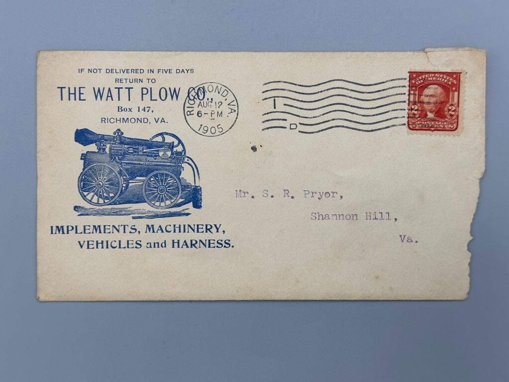 1905 WATT PLOW Postal Cover PEERLESS ENGINE Farm Advertising RICHMOND VA Envelop