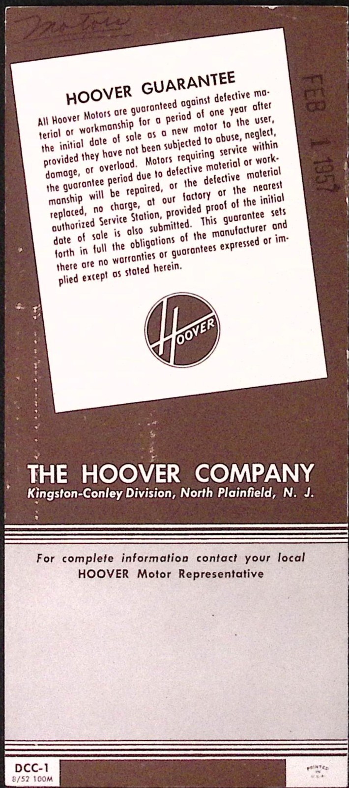 1952 Hoover Motors Condensed Catalog North Plainfield NJ