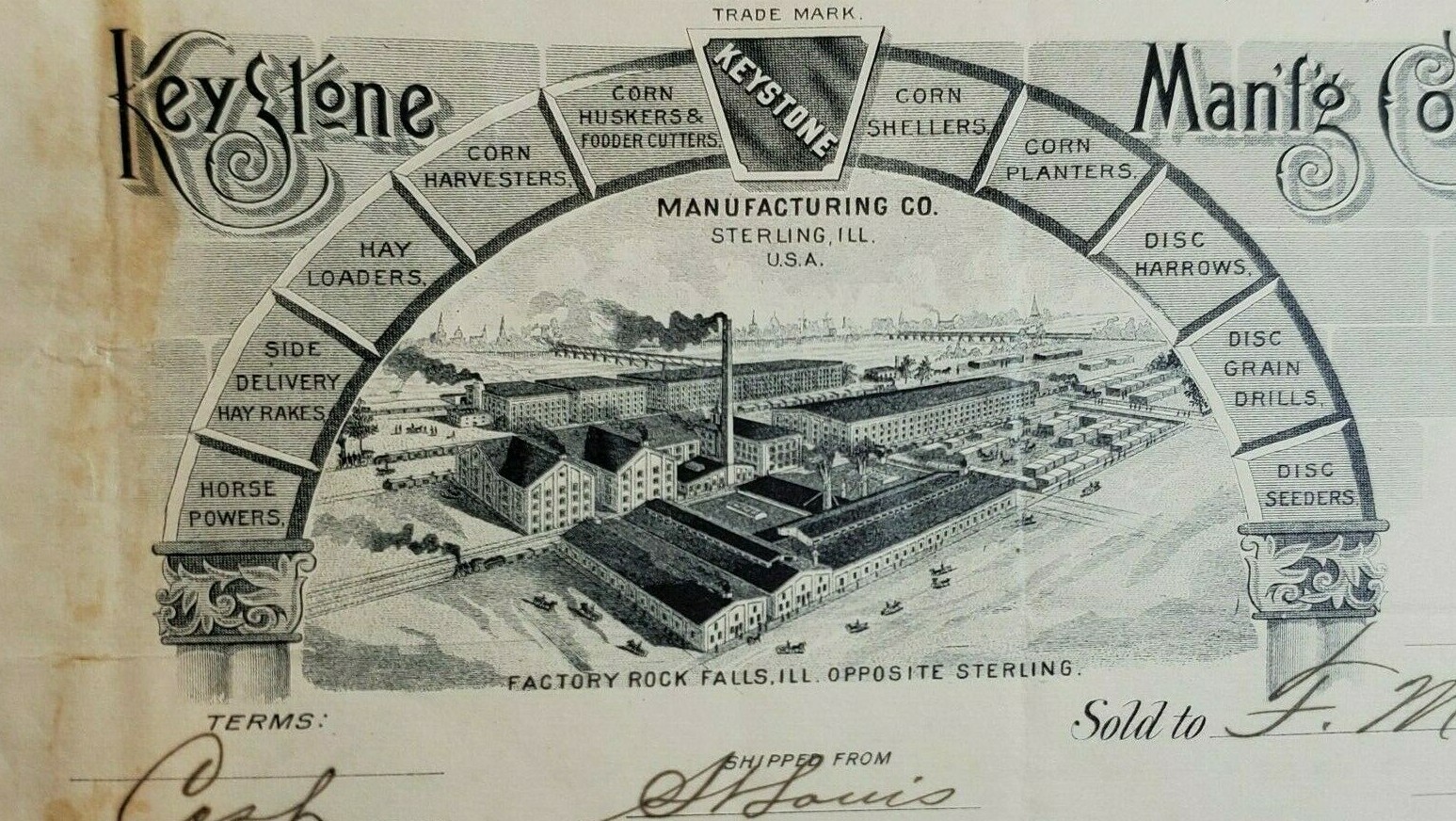 FARM IMPLEMENTS LETTERHEAD BILLHEAD 1894. KEYSTONE MANUFACTURING CO